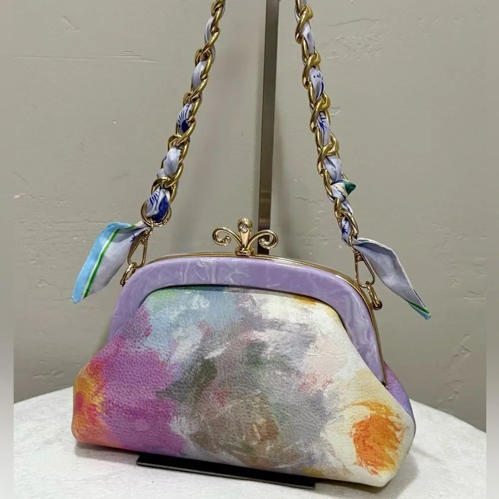 Tie-dye Print Cowhide Handmade Acrylic Frame Push Lock Handbag, Crossbody